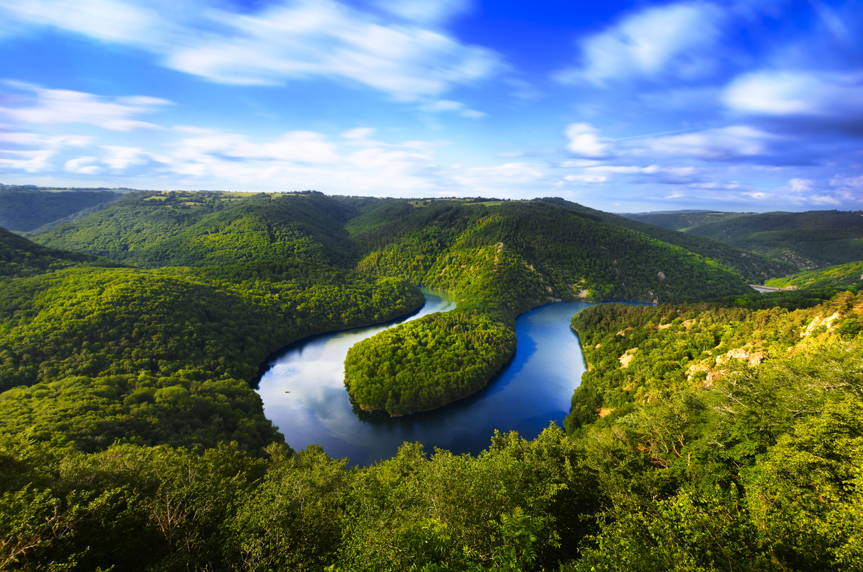 Meander of Queuille in long exposure in Auvergne land, France